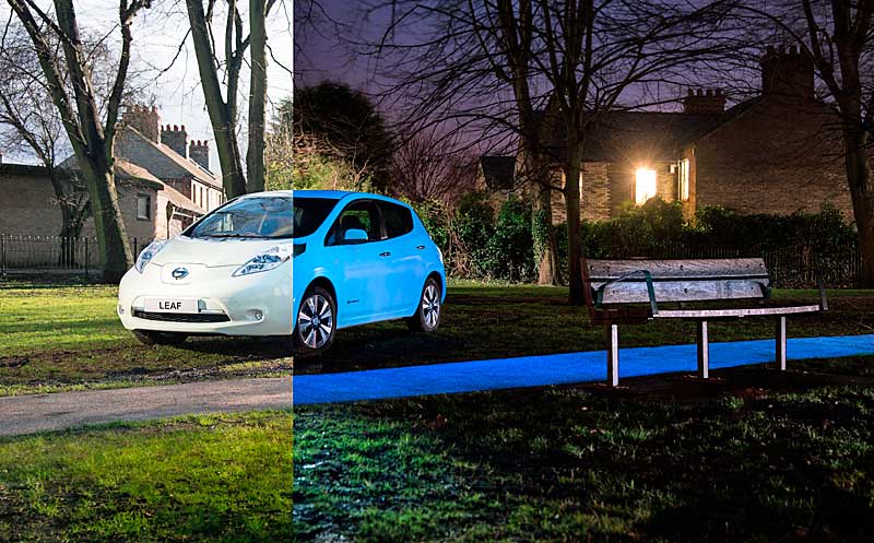 Foszforeszkáló Nissan Leaf népszerűsíti az otthoni napenergia használatot